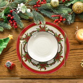Artoid Mode Pine Branches Bow Ribbon Christmas Round Placemats Set of 4, 14 Inch Winter Round Table Mats for Dining Decoration