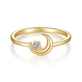 MINDDHA 14K Gold Plated Rings- Cubic Zirconia Simulated Diamond Band Ring- Crescent Moon Star Rings/Gold Rings for Women- 2mm Band Size 9