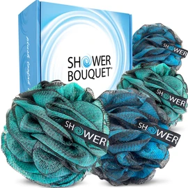Loofah-Charcoal Bath-Sponge-Blue-Green XL-75g by Shower Bouquet - Extra Large 4 Pack, Soft Mesh Color Set, Black Bamboo Loufa Puff - Exfoliating Body Scrubber for Women and Men: Soothing Exfoliator