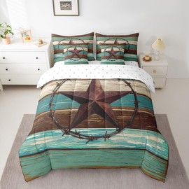 Manfei 7pcs Western Texas Star Comforter Set Full, Green Grey Wooden Plank Bed Set for Kids Boys,Rustic Farmhouse Bedding(1 Comforter,1 Fitted Sheet,1 Flat Sheet,2 Pillowcases,2 Throw Pillow Cover)