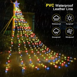 Waterfall Tree Lights, 2m/ 6.56ft x 9 Lines Solar Christmas Tree Lights with Topper Star, 198 LEDs Waterproof Fairy Lights with 8 Lighting Modes for Indoor Outdoor Xmas Tree Garden Decor