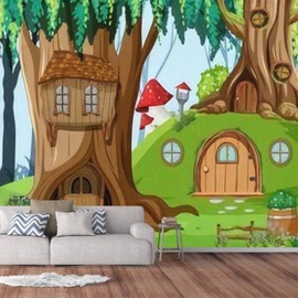 VGHUYEVOGERE Modern Wall Murals 3D Fantasy Forest Tree House Peel and Stick Wallpaper Removable Self-Adhesive PVC Wall Stickers for Living Room Bedroom Wall Decor, 100X144''
