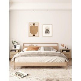 KIETLER Rattan Nightstand Set of 2 with Charging Station, Boho End Table, Side Table with USB Ports & Power Outlets，1 Storage and Solid Wooden Legs for Bedroom, Living Room, Natural