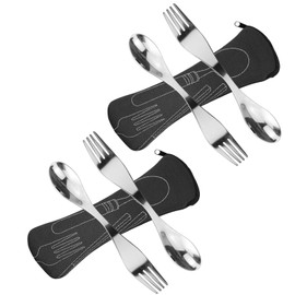 Reusable Stainless Steel Sporks, 4 Pieces Portable Spork Spoon Fork Durable Camping Cutlery Set with Bag for Travel Outdoor Picnic (Black)
