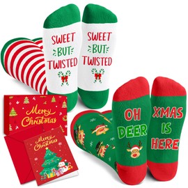 HAPPYPOP Christmas Gifts Stocking Socks for Teen Girls - Christmas Knee High Reindeer Socks Candy Cane Socks, Stocking Stuffers for Women with Greeting Card
