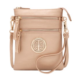 Solene Women's Faux Leather Organizer Multi Zipper Pockets With Detachable Wristlet Crossbody Bag -WU002L (Rose Gold-1)