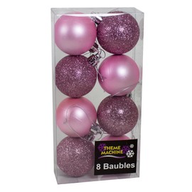 8 Matt & Glitter Christmas Tree Baubles Hanging Decoration 50mm - Pink