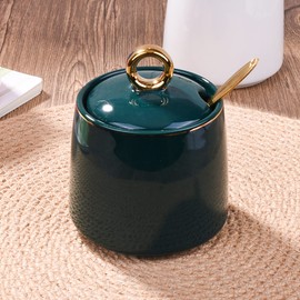 BOSILI Ceramic Sugar Bowls with Lid Spoon for Sugar Seasoning, Sugar Bowl with Lid and Stainless Steel Spoon for Home and Kitchen (Green)