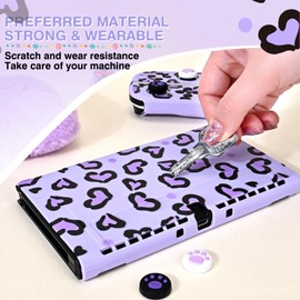 DLseego Love Case Design for Switch OLED Console 2021, Anti-Slip Shock-Absorption Plastic Protective Soft Carrying Case and Joy Con Controller with 4 PCS Cat Paw Thumb Grips Caps - Heart Purple