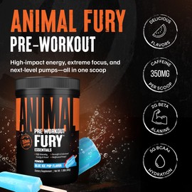 Animal Fury Pre Workout Powder – Blue Ice Pop, 350mg Caffeine, BCAA Amino Acids, 2g Beta Alanine, Citrulline & Tyrosine, Energy, Focus, Strength, Endurance, Preworkout for Men & Women, 30 Servings