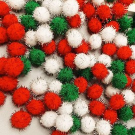 100 Pcs Christmas Pom Pom Balls Glitter Fluffy Pom Poms Red Green White Pom Poms Mini Craft Pom Poms Tinsel Pom Pom Balls for DIY Arts Home Decorations