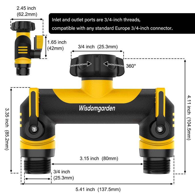 Hose Splitter 2 Way, Outside Tap Connector, Garden Hose Connector,