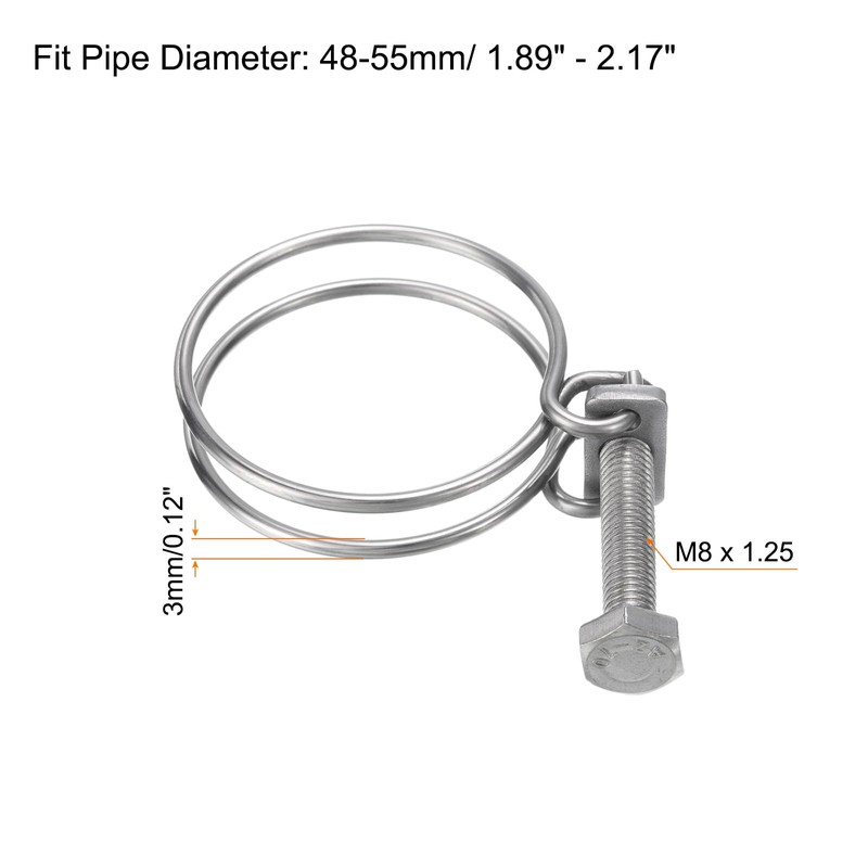 sourcing map 6Pcs Double Wire Hose Clamp, 48-55mm Adjustable Stainless