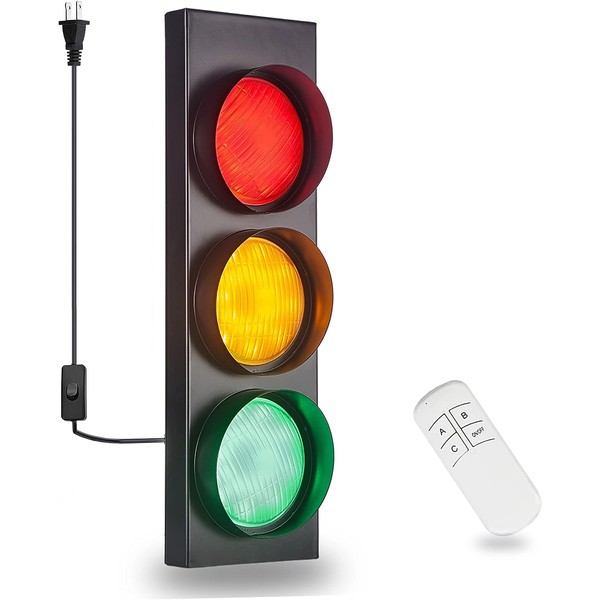 PANLAVIE Traffic Light Wall Lamp Remote Control Retro Kids Bedroom Stop Light, Plug in Industrial LED Wall Sconce, 18.5’’ Vintage Fun Signal Light for Home Office Bar Garage Car Room Decor Christmas