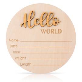 Baby Announcement Sign, 5.9 Inch Wooden Hello World Newborn Welcome Sign Birth Announcement Name Plate for Hospital Nursery (Dark Gold)