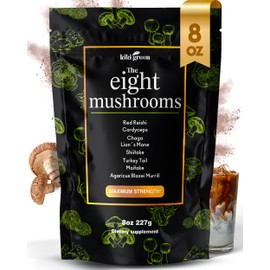 KIKI Green 8 Mushrooms Powder Extract - Supplement Blend 8 oz - Lion's Mane, Reishi, Chaga, Cordyceps, Maitake, Shiitake - for Focus and Energy - Add to Coffee and Smoothies