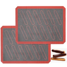 Perforated Silicone Baking Mats, 2 PCS Eclair Silicone Mat for Half Sheet with 12 Printed Oblong Eclair Guides, Non-Stick Reusable Oven Liners for Making Bread/Pizza/Pastry/Cookie 11-4/5" x 15-3/4"