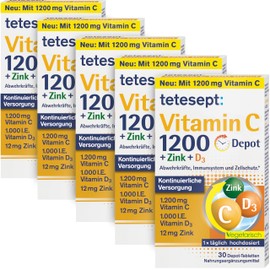 tetesept Vitamin C 1200 + Zinc + D3 - Dietary Supplement with Vitamin C, D3 and Zinc to Support the Immune System, Cell Protection and Bones - 5 x 30 Vitamin Tablets