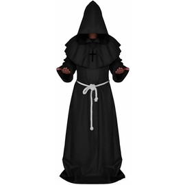 Túnica de Disfraz Halloween,Túnica de Sacerdote con Capa para Hombre y Mujer,Sombrero y Collar de Cruz,Traje de Brujo,Perfecto para Fiestas y Cosplay. (Negro, M)