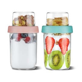 4oz 16 oz Glass Overnight Oats Containers with Lids 2Pack, Yogurt Parfait Cups with Dry and Wet Separation, Breakfast Prep Bowl for Cereal Nut Fruit Meal, To Take Along Oatmeal Salad Smoothie Snack