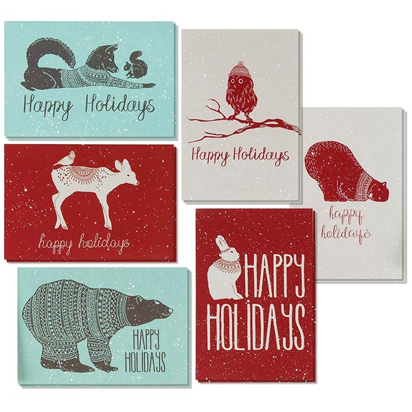 48 Pack Happy Holiday Cards with Envelopes, 6 Christmas Winter Animal Designs (4x6 In)