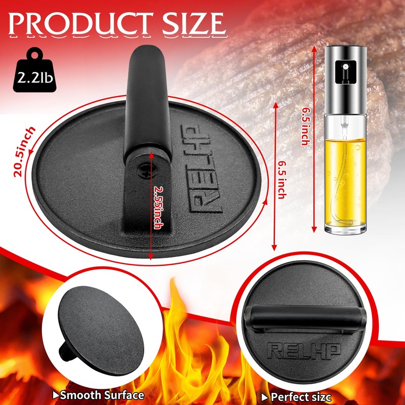 RELHP Burger Press 6.5" Round Smash Burger Press Heavy-Duty Cast