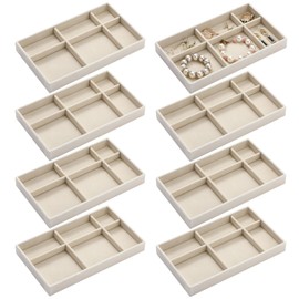 Highergo 8 Pcs Small Velvet Jewelry Trays Stackable Drawers Organizer Ring Earring Storage Trays, 8.3x4.7x1'' (6 Uneven Grids)