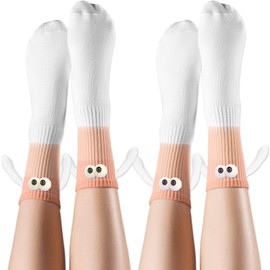 Magnetic Crazy Socks - 2 Pairs Fun Cartoon Character Socks That Hold Hands - Unique Novelty Gifts for Men Women Best Friends (White/Pink & White/Pink)