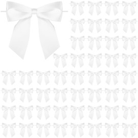 Neptniopllab 50 Pieces 4.5 inches White Twist Tie Bows, Pre-Tied Satin Ribbon DIY Twist Bow with Twist Tie Large White Gift Bows for Gift Wrapping Birthday Wedding Baby Show Party