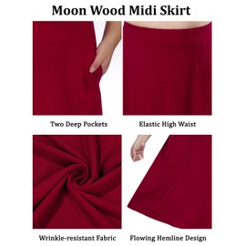 Moon Wood Women's Plus Size Midi Skirt High Elastic Waist A-Line Flared Skater Skirts with Pockets Burgundy