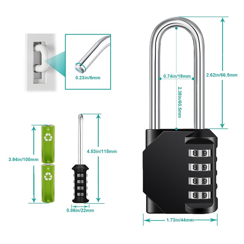 ZHEGE Long Shackle Padlock, 4 Digit Combination Lock, Resettable Combo