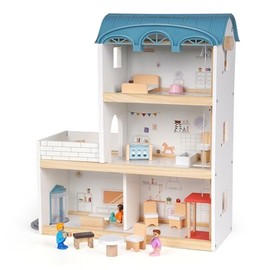 Wooden Dollhouse for Kids, 3-Story Wood Doll House Playset with Furniture, Accessories & 3 Toy Figures, DIY Pretend Play House for Toddlers, Girls & Boys, Miniature Dollhouse with Balcony Gift