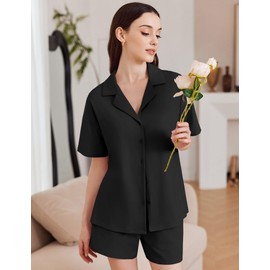 Ekouaer Womens Pajama Sets 2 Piece Cotton Pjs Button Down Sleepwear Short Sleeve Lounge Set with Pockets Black S