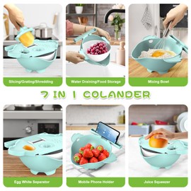 6 in 1 Colander with Mixing Bowl Set, Multifunction Food Strainers and Colander with Slicer, Pasta Rice Strainer, Fruit and Veggie Washer, Salad Spinner, Rotatable Kitchen Colander Strainer Bowl
