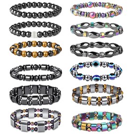 CASSIECA 12 Pcs Hematite Magnetic Bracelet for Men Women Reiki Bracelet Tiger Eye Rainbow Beaded Stone Bracelets Set