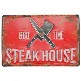 Steakhouse BBQ Retro Tin Sign, Embossed Grill Space, Kitchen Sign, BBQ Area Sign, Door Sign, Wall Sign, Decoration 30 x 20 cm
