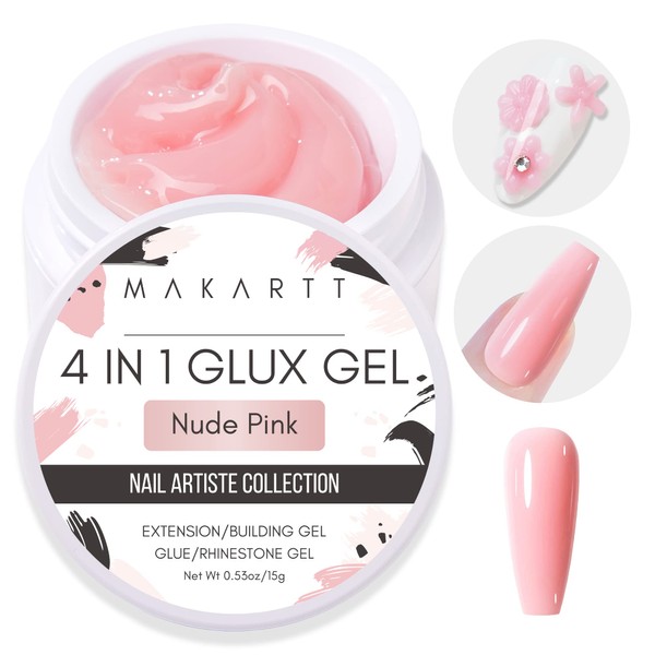 Makartt 4 in 1 Glux Gel Solid Nail Extension Gel Builder Nail Gel 15 ml UV Nail Glue for Acrylic Nails Soft Gel Nails 3D Nail Sculpture Gel Hard Gel UV/LED Nail Lamp Required Nude Pink