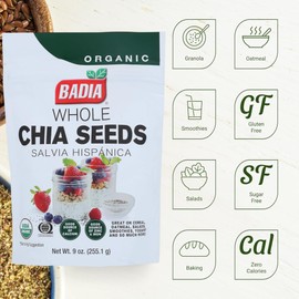 Badia Organic Whole Chia Seeds, 9 oz – Rich in Fiber, Protein, and Omega-3 – Perfect for Smoothies, Baking, Yogurt & Healthy Recipes