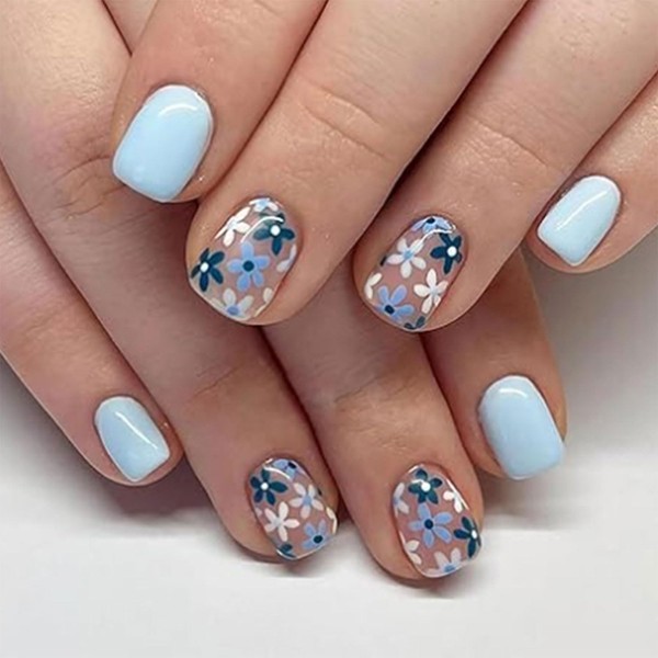 24Pcs Press on Nails Short Square Fake Nails Blue Flower