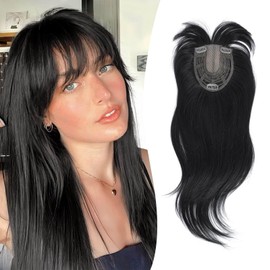 Peonymebeauty 4"X5" Base Clip in Fringe Hair Topper, 360°Cover Fake Bangs Hair Toppers for Women 18 Inch Natural Straight Hairpieces Add Volume Fiber Wiglets Ladies(Natural Black)