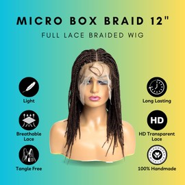 PIB 12'' Single Full Lace Micro Box Braid Wig - Knotless Braided Wigs for Black Women - Handmade Box Braided Wig with Pre-Plucked Hairline - Off Black and Brown #1B30