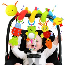 Spiral Car Seat Toys for Babies, 0-6 Months Carseat & Stroller Pram Separable Activity Hanging Toys with Rattle, Teethers, Newborn Soft Plush Travel Toy for Boys Girls Essentials Gifts, Caterpillar