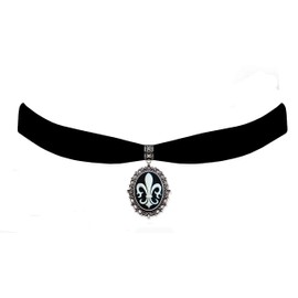 Victorian Vault Black Velvet Choker Fleur de Lis Cameo Gothic Steampunk Pendant Necklace