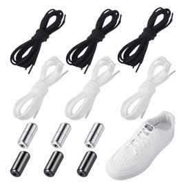 WYTNB 6 Pairs Without Tying Flat Laces Elastic Flat Black and White Elastic Laces with Metal Capsules, Lazy Adjustable Laces for All Shoes, Round laces without tying