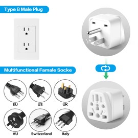 2 Pack US Travel Plug Adapter, EU,UK,AU,in,CN,JP,Asia,Italy,Brazil to USA (Type B), 3 Prong Grounded USA Wall Plug Wall Outlet Power Charger Converter (White)