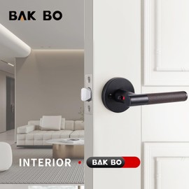 Bak Bo Bedroom Privacy Door Lock with Key, Brown Leather Door Lever, Matte Black Push-Button Door Handle with Red-Green Indicators, Reversible Heavy Duty Zinc Alloy Door Lock PGS-MB-Z-1