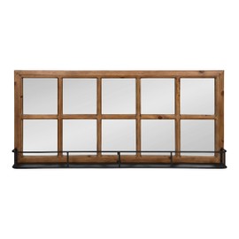 Kate and Laurel Jackson Casual Farmhouse Solid Wood 10 Windowpane Mirror with Distressed Black Metal Shelf, 40x18, Rustic Caramel