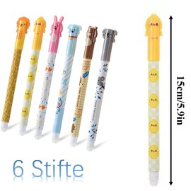 Pack of 6 Erasable Gel Pens with Black Ink | Erasable 0.5 mm Pens with Ball Tip for Children & Students | Cute Cartoon Designs for School, Office & Creative Writing (Black)