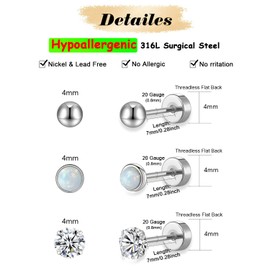 Silver Flat Back Stud Earrings Sets for Women Men,Hypoallergenic 20G Lightweight 316L Stainless Steel Tiny 4mm Ball/Opal/Cubic Zirconia Cartilage Stud Earrings for Sensitive Ears(3 pairs)