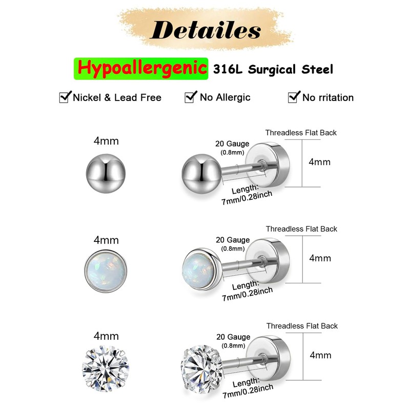 Silver Flat Back Stud Earrings Sets for Women Men,Hypoallergenic 20G